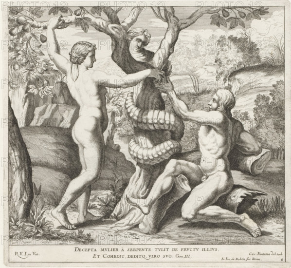 Adam and Eve eating the forbidden fruit, Raphael Bible, Imagines Veteris ac Novi Testamenti, Paintings in the Loggia by Raphael, print, album page, Series number, 6, 52, Adam and Eve by a tree. A snake with a human head coils around the tree. Eve gives Adam an apple. Bible verse below the image. Print is part of an album., number: '129', printmaker: Cesare Fantetti, Italy, after painting by Raphael, Vatican City, publisher: Giovanni Giacomo de' Rossi, Rome, grantor of privilege: Papal Court, 1675, Cesare Fantetti, Raphael, Giovanni Giacomo de' Rossi, Papal Court, grantor of privilege, paper, etching, height 238 mm x width 260 mm, Print is part of a series of 55 prints, consisting of three unnumbered prints and a set of 52 numbered prints after the paintings in the Loggia by Raphael., Adam and Eve holding (and possibly eating) the fruit, A detailed black and white engraving shows three human figures around a tree with a thick coiled serpent; one figure stands with their back to the view...