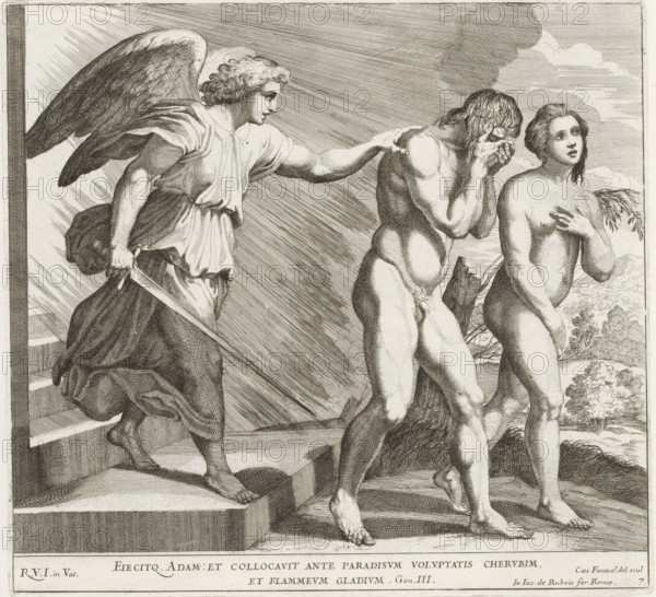 Expulsion from Paradise, Raphael Bible, Imagines Veteris ac Novi Testamenti, Paintings in the Loggia by Raphael, print, album page, Series number, 7, 52, Adam and Eve are expelled from Paradise by an angel with a sword. Bible verse below the image. Print is part of an album., number: '130', printmaker: Cesare Fantetti, Italy, after painting by Raphael, Vatican City, publisher: Giovanni Giacomo de' Rossi, Rome, grantor of privilege: Papal Court, 1675, Cesare Fantetti, Raphael, Giovanni Giacomo de' Rossi, Papal Court, grantor of privilege, paper, etching, height 238 mm x width 258 mm, Print is part of a series of 55 prints, consisting of three unnumbered prints and a set of 52 numbered prints after the paintings in the Loggia by Raphael., expulsion of Adam and Eve from paradise (Genesis 3:22-24), A winged figure in flowing drapery descends steps while holding a sword and resting a hand on the shoulder of a nude male figure who covers his face with his hands; beside him stands a nude fema...