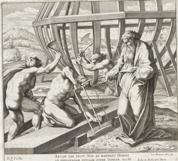 Noah building the ark, Imagines Veteris ac Novi Testamenti, Raphael Bible, Paintings in the Loggia by Raphael, print, album page, Series number, 9, 52, Noah and his three sons build the ark. Bible verse below the image. Print is part of an album., number: '131', printmaker: Cesare Fantetti, Italy, after painting by Raphael, Vatican City, publisher: Giovanni Giacomo de' Rossi, Rome, grantor of privilege: Papal Court, 1675, Cesare Fantetti, Raphael, Giovanni Giacomo de' Rossi, Papal Court, grantor of privilege, paper, etching, height 238 mm x width 257 mm, Print is part of a series of 55 prints, consisting of three unnumbered prints and a set of 52 numbered prints after the paintings in the Loggia by Raphael., the building of the ark, and the embarkation (Genesis 7:5-9), A detailed monochrome engraving shows a large wooden frame of a boat under construction with curved ribs and beams. In the foreground three mostly nude men strain while using a saw and axes on the timber, muscles tensed ...