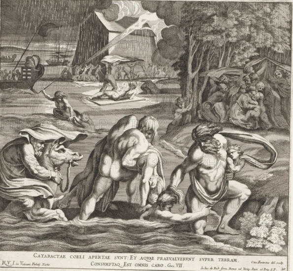 The Flood, Raphael Bible, Imagines Veteris ac Novi Testamenti, Paintings in the Loggia by Raphael, print, album page, Series number, 10, 52, The Flood overflows the land. People and animals are swallowed by the water. People try to escape the rising water. Bible verse below the image. Print is part of an album., number: '132', printmaker: Cesare Fantetti, Italy, after painting by Raphael, Vatican City, publisher: Giovanni Giacomo de' Rossi, Rome, grantor of privilege: Papal Court, 1675, Cesare Fantetti, Raphael, Giovanni Giacomo de' Rossi, Papal Court, grantor of privilege, paper, etching, height 238 mm x width 256 mm, Print is part of a series of 55 prints, consisting of three unnumbered prints and a set of 52 numbered prints after the paintings in the Loggia by Raphael., the Flood and destruction of mankind, story of Noah (Genesis 7:10 - 8:17), A densely hatched black and white engraving showing muscular nude figures moving through water toward shore while others carry a limp body an...