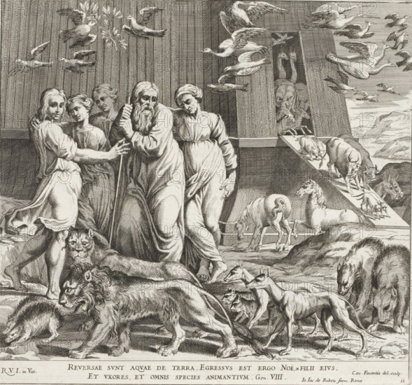 Noah leaves the ark after the flood, Paintings in the Loggia by Raphael, Raphael Bible, Imagines Veteris ac Novi Testamenti, print, album page, Series number, 11, 52, Noah and his family leave the ark together with all the animals. Bible verse below the image. Print is part of an album., number: '133', printmaker: Cesare Fantetti, Italy, after painting by Raphael, Vatican City, publisher: Giovanni Giacomo de' Rossi, Rome, grantor of privilege: Papal Court, 1675, Cesare Fantetti, Raphael, Giovanni Giacomo de' Rossi, Papal Court, grantor of privilege, paper, etching, height 239 mm x width 256 mm, Print is part of a series of 55 prints, consisting of three unnumbered prints and a set of 52 numbered prints after the paintings in the Loggia by Raphael., the disembarkation, story of Noah (Genesis 8:18 - 9:17), An engraving showing a group of human figures in flowing garments clustered together near the entrance of a large rectangular wooden structure, with an elderly bearded man leaning on a...