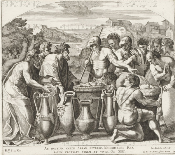 Meeting between Abraham and Melchizedek, Raphael Bible, Paintings in the Loggia by Raphael, Imagines Veteris ac Novi Testamenti, print, album page, Series number, 13, 52, Abraham and his men are welcomed by Melchizedek, the king and high priest of Salem. Melchizedek offers Abraham bread and wine. Bible verse below the image. Print is part of an album., number: '135', printmaker: Cesare Fantetti, Italy, after painting by Raphael, Vatican City, publisher: Giovanni Giacomo de' Rossi, Rome, grantor of privilege: Papal Court, 1675, Cesare Fantetti, Raphael, Giovanni Giacomo de' Rossi, Papal Court, grantor of privilege, paper, etching, height 236 mm x width 262 mm, Print is part of a series of 55 prints, consisting of three unnumbered prints and a set of 52 numbered prints after the paintings in the Loggia by Raphael., the meeting of Abraham and Melchizedek, the high priest and king of Salem, who brings bread and wine (Genesis 14:18-20), A detailed black and white engraving shows a group of ...
