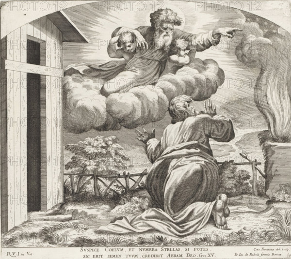 God tells Abraham his destiny, Imagines Veteris ac Novi Testamenti, Paintings in the Loggia by Raphael, Raphael Bible, print, album page, Series number, 14, 52, Abraham is kneeling in the field in front of his barn. He is talking to God who has appeared in the sky. Bible verse below the image. Print is part of an album., number: '136', printmaker: Cesare Fantetti, Italy, after painting by Raphael, Vatican City, publisher: Giovanni Giacomo de' Rossi, Rome, grantor of privilege: Papal Court, 1675, Cesare Fantetti, Raphael, Giovanni Giacomo de' Rossi, Papal Court, grantor of privilege, paper, etching, height 231 mm x width 260 mm, Print is part of a series of 55 prints, consisting of three unnumbered prints and a set of 52 numbered prints after the paintings in the Loggia by Raphael., Abraham communicating with God (in general), A bearded elderly man with flowing hair and robes leans forward on a bank of clouds while two cherubic children cling to him, one resting against his shoulder and...