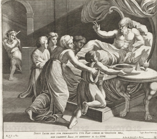 Isaac blesses Jacob, Raphael Bible, Paintings in the Loggia by Raphael, Imagines Veteris ac Novi Testamenti, print, album page, Series number, 19, 52, Isaac lies in bed and blesses his son Jacob. Jacob, who has disguised himself as his brother Esau, brings his father food. In the background on the left, Esau enters. Bible verse below the image. Print is part of an album., number: '141', printmaker: Cesare Fantetti, Italy, after painting by Raphael, Vatican City, publisher: Giovanni Giacomo de' Rossi, Rome, grantor of privilege: Papal Court, 1675, Cesare Fantetti, Raphael, Giovanni Giacomo de' Rossi, Papal Court, grantor of privilege, paper, etching, height 241 mm x width 267 mm, Print is part of a series of 55 prints, consisting of three unnumbered prints and a set of 52 numbered prints after the paintings in the Loggia by Raphael., Isaac lying in bed blesses Jacob who, disguised in Esau's clothes, brings food to his father, Jacob's hands and neck are covered with goatskins, A monochro...
