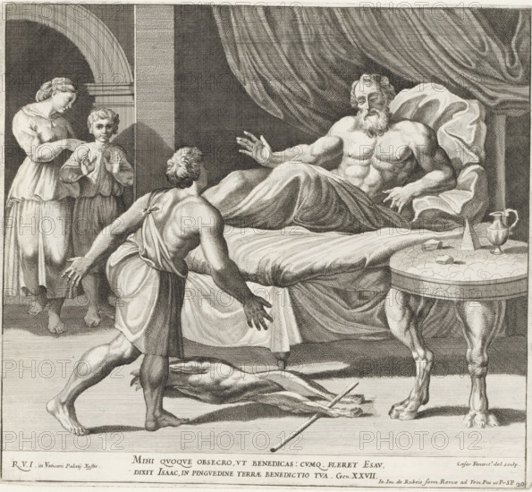 Isaac promises Esau a second blessing, Raphael Bible, Imagines Veteris ac Novi Testamenti, Paintings in the Loggia by Raphael, print, album page, Series number, 20, 52, Isaac lies in bed and promises his son Esau, who is standing at the foot of the bed, a second blessing. Jacob and Rebekah stand in the background on the left. Bible verse below the image. Print is part of an album., number: '142', printmaker: Cesare Fantetti, Italy, after painting by Raphael, Vatican City, publisher: Giovanni Giacomo de' Rossi, Rome, grantor of privilege: Papal Court, 1675, Cesare Fantetti, Raphael, Giovanni Giacomo de' Rossi, Papal Court, grantor of privilege, paper, etching, height 240 mm x width 268 mm, Print is part of a series of 55 prints, consisting of three unnumbered prints and a set of 52 numbered prints after the paintings in the Loggia by Raphael., Isaac's blessing (of Jacob and Esau) (Genesis 27), A monochrome engraving shows a muscular bearded man reclining on a bed draped with cloth, one ...