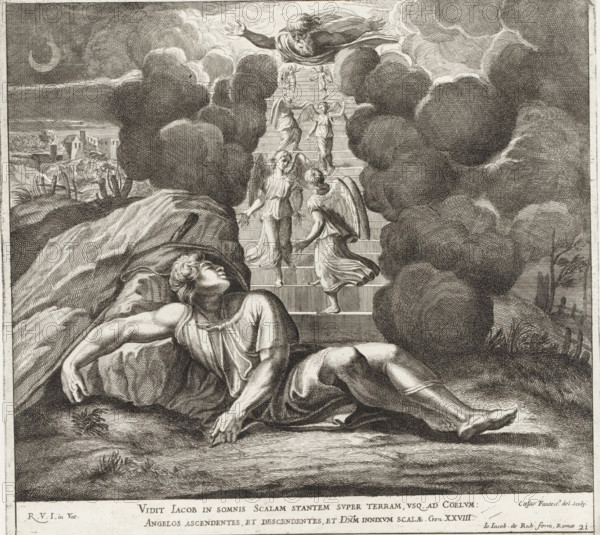 Jacob's Dream, Paintings in the Loggia by Raphael, Raphael Bible, Imagines Veteris ac Novi Testamenti, print, album page, Series number, 21, 52, Jacob is sleeping, with his head on a stone. He dreams of a ladder reaching to heaven and down which angels are descending. At the top of the ladder, God the Father hovers. Bible verse below the image. Print is part of an album., number: '143', printmaker: Cesare Fantetti, Italy, after drawing by Cesare Fantetti, after painting by Raphael, Vatican City, publisher: Giovanni Giacomo de' Rossi, Rome, grantor of privilege: Papal Court, 1675, Cesare Fantetti, Raphael, Giovanni Giacomo de' Rossi, Papal Court, printmaker, after drawing by, after painting by, publisher, grantor of privilege, paper, etching, height 240 mm x width 262 mm, Print is part of a series of 55 prints, consisting of three unnumbered prints and a set of 52 numbered prints after the paintings in the Loggia by Raphael., the dream of Jacob: while sleeping on the ground with a stone...