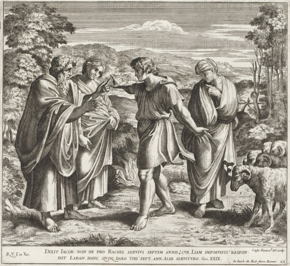 Jacob complains to Laban, Paintings in the Loggia by Raphael, Imagines Veteris ac Novi Testamenti, Raphael Bible, print, album page, Series number, 23, 52, Jacob stands before Laban and complains, in the presence of Leah and Rachel, about Laban's trick. Laban deceived Jacob by having him marry Leah instead of Rachel. Bible verse below the image. Print is part of an album., number: '145', printmaker: Cesare Fantetti, Italy, after drawing by Cesare Fantetti, after painting by Raphael, Vatican City, publisher: Giovanni Giacomo de' Rossi, Rome, grantor of privilege: Papal Court, 1675, Cesare Fantetti, Raphael, Giovanni Giacomo de' Rossi, Papal Court, printmaker, after drawing by, after painting by, publisher, grantor of privilege, paper, etching, height 236 mm x width 307 mm, Print is part of a series of 55 prints, consisting of three unnumbered prints and a set of 52 numbered prints after the paintings in the Loggia by Raphael., after the wedding-night Jacob discovers that he has been dec...