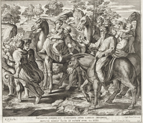 Jacob with his family on their way home, Raphael Bible, Imagines Veteris ac Novi Testamenti, Paintings in the Loggia by Raphael, print, album page, Series number, 24, 52, Jacob stands before Laban and complains, in the presence of Leah and Rachel, about Laban's trick. Laban deceived Jacob by having him marry Leah instead of Rachel. Bible verse below the image. Print is part of an album., number: '146', printmaker: Cesare Fantetti, Italy, after drawing by Cesare Fantetti, after painting by Raphael, Vatican City, publisher: Giovanni Giacomo de' Rossi, Rome, grantor of privilege: Papal Court, 1675, Cesare Fantetti, Raphael, Giovanni Giacomo de' Rossi, Papal Court, printmaker, after drawing by, after painting by, publisher, grantor of privilege, paper, etching, height 243 mm x width 274 mm, Print is part of a series of 55 prints, consisting of three unnumbered prints and a set of 52 numbered prints after the paintings in the Loggia by Raphael., Jacob on the way to Canaan with his family, h...
