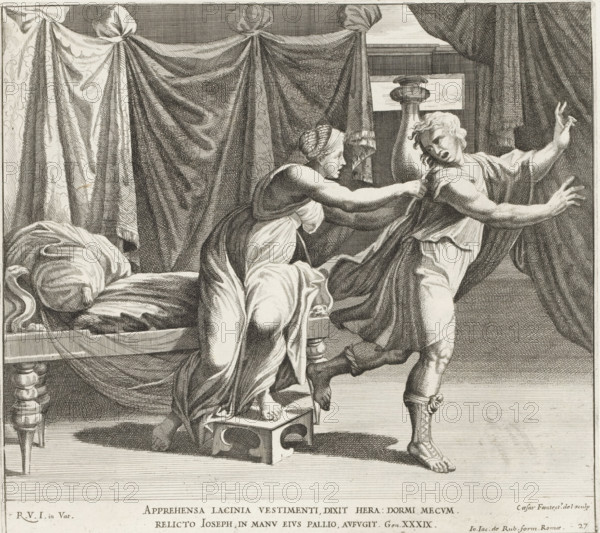 Joseph and Potiphar's wife, Imagines Veteris ac Novi Testamenti, Paintings in the Loggia by Raphael, Raphael Bible, print, album page, Series number, 27, 52, Joseph in a bedroom, walking away from Potiphar's wife. She grasps his cloak. Bible verse below the image. Print is part of an album., number: '149', printmaker: Cesare Fantetti, Italy, after painting by Raphael, Vatican City, publisher: Giovanni Giacomo de' Rossi, Rome, grantor of privilege: Papal Court, 1675, Cesare Fantetti, Raphael, Giovanni Giacomo de' Rossi, Papal Court, grantor of privilege, paper, etching, height 234 mm x width 260 mm, Print is part of a series of 55 prints, consisting of three unnumbered prints and a set of 52 numbered prints after the paintings in the Loggia by Raphael., Potiphar's wife catches Joseph by his robe, usually while lying in bed, Joseph escapes leaving his cloak behind in her hands (possibly with a naked child lying in a crib), A monochrome engraving shows an interior with draped curtains and...