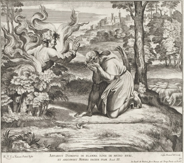 God appears to Moses in the burning bush, Raphael Bible, Imagines Veteris ac Novi Testamenti, Paintings in the Loggia by Raphael, print, album page, Series number, 30, 52, God appears to Moses in the burning bush. Moses is kneeling with his hands in front of his face. Bible verse below the image. Print is part of an album., number: '152', printmaker: Cesare Fantetti, Italy, after painting by Raphael, Vatican City, publisher: Giovanni Giacomo de' Rossi, Rome, grantor of privilege: Papal Court, 1675, Cesare Fantetti, Raphael, Giovanni Giacomo de' Rossi, Papal Court, grantor of privilege, paper, etching, height 262 mm x width 270 mm, Print is part of a series of 55 prints, consisting of three unnumbered prints and a set of 52 numbered prints after the paintings in the Loggia by Raphael., Moses, kneeling before the bush and hiding his face, listens to God, A monochrome engraved scene showing a robed figure kneeling with head bowed and hands covering the face, a staff lying on the ground ne...