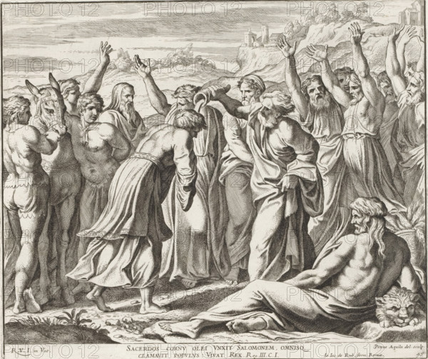 Solomon anointed king by Sadoc, Raphael Bible, Paintings in the Loggia by Raphael, Imagines Veteris ac Novi Testamenti, print, album page, Series number, 45, 52, Solomon is being anointed by the high priest Sadoc. Surrounding him is a group of men with beards. In the foreground on the right is a reclining figure (possibly a river god). Bible verse below the image. Print is part of an album., number: '166', printmaker: Pietro Aquila, Italy, after painting by Raphael, Vatican City, publisher: Giovanni Giacomo de' Rossi, Rome, grantor of privilege: Papal Court, 1675, Pietro Aquila, Raphael, Giovanni Giacomo de' Rossi, Papal Court, grantor of privilege, paper, etching, height 235 mm x width 279 mm, Print is part of a series of 55 prints, consisting of three unnumbered prints and a set of 52 numbered prints after the paintings in the Loggia by Raphael., story of Solomon, A densely packed group of people arranged across a shallow landscape, many of them draped in flowing robes and tunics, so...