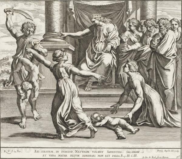 Judgment of Solomon, Paintings in the Loggia by Raphael, Imagines Veteris ac Novi Testamenti, Raphael Bible, print, album page, Series number, 46, 52, King Solomon sits on his throne and passes judgment on a dispute between two prostitutes who had both given birth to a child. The child that dies lies on the ground before Solomon; the child that is still alive and claimed by both mothers is held by a man with a sword. Solomon orders this man to divide the child in two, but this goes too far for the real mother; she begs him to let her child live. Bible verse below the image. Print is part of an album., number: '167', printmaker: Pietro Aquila, Italy, after painting by Raphael, Vatican City, publisher: Giovanni Giacomo de' Rossi, Rome, grantor of privilege: Papal Court, 1675, Pietro Aquila, Raphael, Giovanni Giacomo de' Rossi, Papal Court, grantor of privilege, paper, etching, height 239 mm x width 271 mm, Print is part of a series of 55 prints, consisting of three unnumbered prints and ...