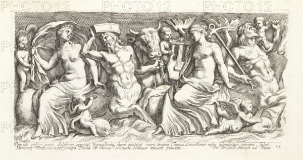 Relief with sea creatures and sea gods, Roman sculpted reliefs, Icones et segment, print, album page, Series number, 13, 50, Text in Latin in lower margin. Print is part of an album., number: '40', inscription: 'Ende lib. No. 5. fol. 141.', printmaker: François Perrier, Paris, writer (clerical worker): Giovanni Pietro Bellori, publisher: widow of François Perrier, grantor of privilege: Innocent X, Vatican City, 1645, writer (clerical worker), paper, etching, height 160 mm x width 317 mm, This print is part of a series of 54 prints (title print) after antique reliefs. The numbering on the prints runs from 1 to 50. Some prints have duplicate numbers. After a relief in the church of San Francesco a Ripa in Rome., piece of sculpture, reproduction of a piece of sculpture, cupids: 'amores', 'amoretti', 'putti', swimming mammals: dolphin, other Nereids (or sea-nymphs), A horizontal black and white engraving showing a group of reclining and seated classical figures and putti across a shallow f...