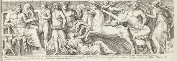 Relief with the Abduction of Proserpina, Roman sculpted reliefs, Icones et segment, print, album page, Series number, 16, 50, Relief with the Abduction of Proserpina by Pluto. Ceres rides in a chariot drawn by large snakes behind Pluto's chariot. A river god sits on the right. Text in Latin in the lower margin. Print is part of an album., inscription: 'Ende lib. No. 5. fol. 78 and 79.', number: '43', printmaker: François Perrier, Paris, writer (clerical worker): Giovanni Pietro Bellori, publisher: widow of François Perrier, grantor of privilege: Innocent X, Vatican City, 1645, François Perrier, Giovanni Pietro Bellori, widow of François Perrier, Innocent X, printmaker, writer (clerical worker), publisher, grantor of privilege, paper, etching, height 162 mm x width 430 mm, This print is part of a series of 54 prints (title print) after ancient reliefs. The numbering on the prints runs from 1 to 50. Some prints have double numbers., piece of sculpture, reproduction of a piece of sculptur...