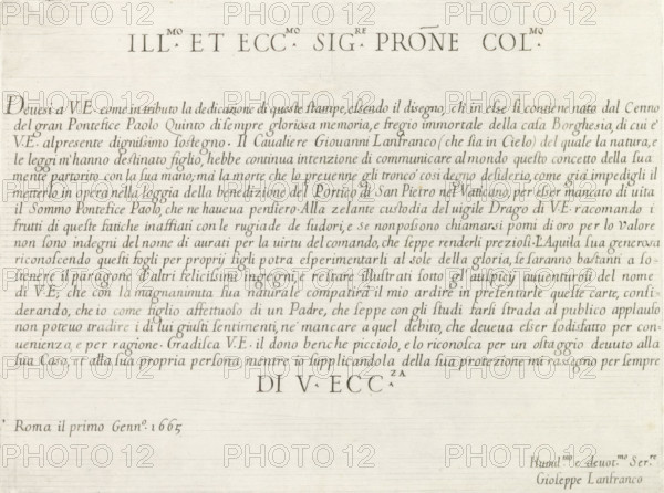 Five putti bearing the papal coat of arms, History of Peter and Paul, Paintings by Giovanni Lanfranco intended for the Loggia del Benedizione in the Vatican, Disegno della loggia di San Pietro in Vaticano dove si da la Benedizione, print, album page, Series number, 3, 21, Five putti bearing the papal coat of arms. Below: two portraits of popes, numbered 2 and 8. Print is part of an album., number: '80', printmaker: Pietro Sante Bartoli, Italy, after design by Giovanni Lanfranco, dedicated to: Giovanni Battista Borghese, 1665, paper, etching, height 196 mm x width 145 mm, A large sheet of aged paper with a centered horizontal band of tightly spaced cursive lines across the upper half and blank margins above and below, the upper margin showing a short row of evenly spaced large serifed characters, faint horizontal guide lines visible across the page, and the cursive lines sloping slightly with evenly spaced, flowing strokes and delicate ink shading.