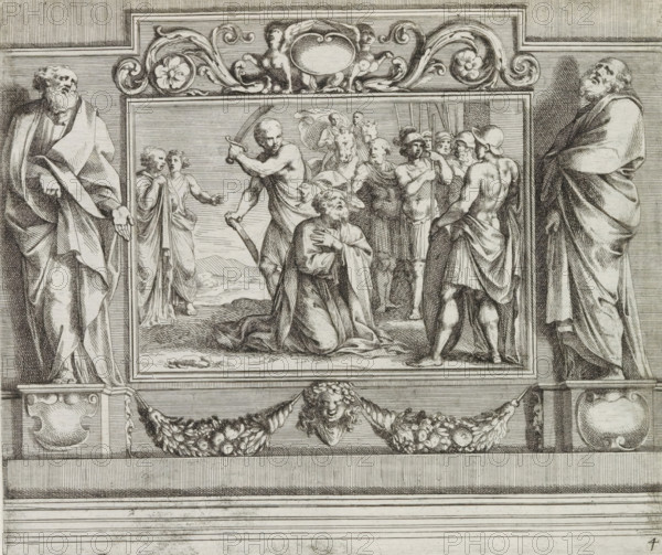 Peter freed from prison by an angel, Paintings by Giovanni Lanfranco intended for the Loggia del Benedizione in the Vatican, History of Peter and Paul, Disegno della loggia di San Pietro in Vaticano dove si da la Benedizione, print, album page, Series number, 5, 21, A painting depicting the appearance of the angel to Peter in prison. The angel tells Peter to stand up. The two soldiers next to Peter are sleeping. The scene is flanked by statues of Peter and Paul. Print is part of an album., number: '82', printmaker: Pietro Sante Bartoli, Italy, after design by Giovanni Lanfranco, dedicated to: Giovanni Battista Borghese, 1665, paper, etching, height 228 mm x width 267 mm, A detailed black and white engraving shows a framed central panel with a scene of robed and partially nude figures, including a kneeling figure in the foreground with a hand to the chest, a muscular figure holding a curved sword above another prostrate figure, and a group of armed figures with helmets and spears behind...