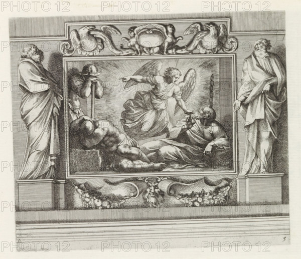 Peter heals a crippled man (former title), Peter or Paul heal a man, History of Peter and Paul, Paintings by Giovanni Lanfranco intended for the Loggia del Benedizione in the Vatican, Disegno della loggia di San Pietro in Vaticano dove si da la Benedizione, print, album page, Series number, 6, 21, A painting with Peter or Paul healing a crippled man. On the right, statues of Peter or Paul and three semi-nude figures. Print is part of an album., number: '83', printmaker: Pietro Sante Bartoli, Italy, after design by Giovanni Lanfranco, dedicated to: Giovanni Battista Borghese, 1665, paper, etching, height 235 mm x width 289 mm, A rectangular framed scene with an angelic figure with wings and flowing drapery reaching toward a reclining bearded man, surrounded by other partially clothed reclining figures and a kneeling helmeted figure leaning on a staff, all rendered in fine etched lines; two standing robed figures flank the framed scene on either side, each with draped garments and bearde...