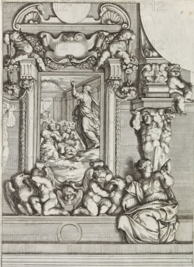 Conversion of Paul, Paintings by Giovanni Lanfranco intended for the Loggia del Benedizione in the Vatican, History of Peter and Paul, Disegno della loggia di San Pietro in Vaticano dove si da la Benedizione, print, album page, Series number, 9, 21, A painting depicting the conversion of Paul, in an ornamental frame with putti and eagles. Paul lies on the ground. He fell because he was startled by the appearance of Christ in the sky. Print is part of an album., number: '86', printmaker: Pietro Sante Bartoli, Italy, after design by Giovanni Lanfranco, dedicated to: Giovanni Battista Borghese, 1665, paper, etching, height 330 mm x width 233 mm, An ornate black and white engraving showing a central framed scene of a robed figure raising an arm before a crowd inside an architectural interior, surrounded by decorative architectural elements including columns, scrolls, garlands, and shell motifs; cherubic putti appear throughout, reclining and clustered at the base and corners, some holding ...