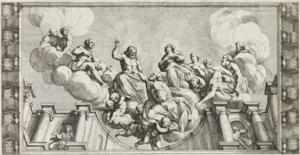God speaks to Paul, Paintings by Giovanni Lanfranco intended for the Loggia del Benedizione in the Vatican, History of Peter and Paul, Disegno della loggia di San Pietro in Vaticano dove si da la Benedizione, print, album page, Series number, 12, 21, A tondo with a painting of God speaking to Paul in the night. Around the tondo images of nude figures and personifications. Print is part of an album., number: '89., 8', printmaker: Pietro Sante Bartoli, Italy, after design by Giovanni Lanfranco, dedicated to: Giovanni Battista Borghese, 1665, paper, etching, height 276 mm x width 281 mm, A framed black and white engraving showing a group of figures seated and reclining on large billowing clouds above an architectural cornice, with decorative columns and niches below. Central figures sit on clouds with flowing garments and radiating halos, one raising a hand and another with a hand on the chest. Surrounding them are additional seated and reclining figures in varied poses, some turned towar...