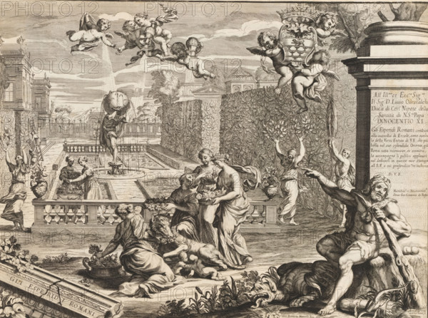 Garden of the Hesperides, Gli Esperidi Roma, Gardens in Rome, Li giardini di Roma con le loro piante alzate e vedute in prospettiva disegnate e intagliate da Gio. Battista Falda, print, album page, View in the Garden of the Hesperides with four Hesperides in the foreground decorating the Capitoline Lupa, who is nursing the twins Romulus and Remus, with flowers. In the background, a fountain with a sculpture of Atlas carrying the celestial globe on his back. In the foreground on the right, Hercules sits before a pillar with a dedication to Livio Odescalchi. In the upper right, two putti carrying a crowned coat of arms. Print is part of an album., printmaker: Arnold van Westerhout, Italy, after design by Giovanni Battista Manelli, publisher: Giovanni Giacomo de' Rossi, Rome, grantor of privilege: Innocent XI, Vatican City, dedicated by: Giovanni Giacomo de' Rossi, dedicated to: Livio Odescalchi, in or before 1683, Giovanni Giacomo de' Rossi, Innocent XI, Livio Odescalchi, printmaker, aft...