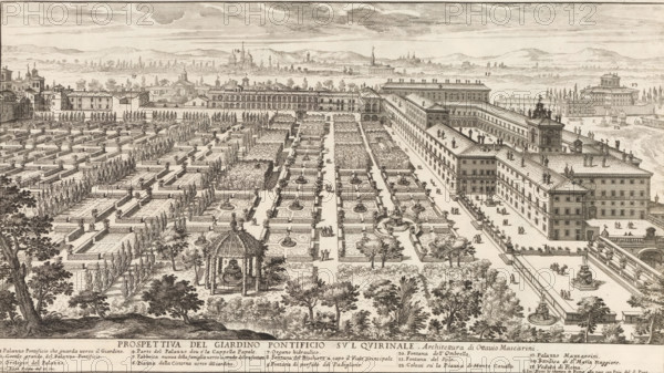 View of the garden at the Palazzo del Quirinale in Rome, Prospettiva del giardino pontificio su'l Quirinale, Li giardini di Roma con le loro piante alzate e vedute in prospettiva disegnate e intagliate da Gio. Battista Falda, Gardens in Rome, print, album page, View of the papal garden at the Palazzo del Quirinale on the Quirinal in Rome. In the lower margin the title and an explanatory list of numbers. Print is part of an album., number: '104', inscription: 'Ende lib. No. 1. fol. 51. 52. et 55.', printmaker: Giovanni Battista Falda, Italy, after drawing by Giovanni Battista Falda, after design by Ottaviano Mascherino, Rome, publisher: Giovanni Giacomo de' Rossi, grantor of privilege: Innocent XI, Vatican City, dedicated by: Giovanni Giacomo de' Rossi, dedicated to: Livio Odescalchi, in or before 1683, Giovanni Battista Falda, Ottaviano Mascherino, Giovanni Giacomo de' Rossi, Innocent a series of 20 prints (title print) with views of gardens in Rome, garden, hôtel, ie small palace in c...