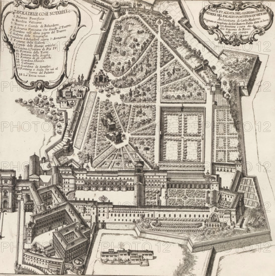Pianta et alzata del giardino di Belvedere del Palazzo Pontificioin Vaticano, Map of the Vatican Belvedere gardens, Li giardini di Roma con le loro piante alzate e vedute in prospettiva disegnate e intagliate da Gio. Battista Falda, Gardens in Rome, print, album page, Map of the Vatican Belvedere gardens. Top left a cartouche with an explanatory list of numbers. Top right a cartouche with title and text. Print is part of an album., number: '105', inscription: 'Ende lib. No. 21. fol. 18. 19...', printmaker: Giovanni Battista Falda, Italy, after design by Carlo Maderno, Vatican City, publisher: Giovanni Giacomo de' Rossi, Rome, grantor of privilege: Innocent XI, dedicated by: Giovanni Giacomo de' Rossi, dedicated to: Livio Odescalchi, in or before 1683, Giovanni Giacomo de' Rossi, Innocent XI, Livio Odescalchi, printmaker, after drawing by, after design by, publisher, grantor of privilege, paper, etching, height 302 mm x width 306 mm, Print is part of a series of 20 prints (title print) ...