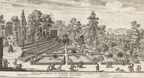 View of the Belvedere Gardens of the Vatican, View of the Belvedere Gardens, Gardens in Rome, The gardens of Rome with their leaves and plants disegnate and intagliate in prospettiva. Battista Falda, print, album page, View of the Belvedere Gardens. People working and strolling in the garden. A fountain on the left. In the lower margin the title and an explanatory list of numbers. Print is part of an album., number: '106', inscription: 'Ende lib. No. 10. fol. 45.', printmaker: Giovanni Battista Falda, Italy, after design by Carlo Maderno, Vatican City, publisher: Giovanni Giacomo de' Rossi, Rome, grantor of privilege: Innocent XI, dedicated by: Giovanni Giacomo de' Rossi, dedicated to: Livio Odescalchi, in or before 1683, Giovanni Giacomo de' Rossi, Innocent XI, Livio Odescalchi, printmaker, after drawing by, after design by, publisher, grantor of privilege, paper, etching, height 231 mm x width 430 mm, Print is part of a series of 20 prints (title print) with views of gardens in Rome....