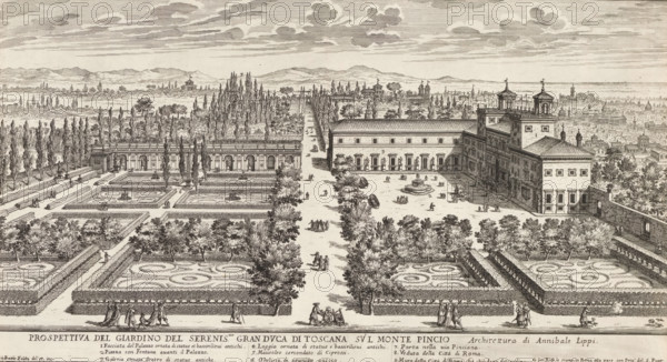 View of the Villa Medici and garden in Rome, Prospettiva del giardino del serenic.mo gran duca di Toscana sul Monte Pincio, Gardens in Rome, Li giardini di Roma con le loro piante alzate e vedute in prospettiva disegnate e intagliate da Gio. Battista Falda, print, album page, View of the Villa Medici and garden in Rome. People strolling in the garden. In the lower margin the title and an explanatory list of numbers. Print is part of an album., number: '108', inscription: 'Ende lib. No. 10. folio 1.', printmaker: Giovanni Battista Falda, Italy, after design by Annibale Lippi, Rome, publisher: Giovanni Giacomo de' Rossi, grantor of privilege: Innocent or before 1683, Giovanni Battista Falda, Annibale Lippi, Giovanni Giacomo de' Rossi, Innocent title picture) with views of gardens in Rome., garden, hôtel, ie small palace in city, plan, map of garden, Pincio, Villa Medici (Rome), A detailed engraved view shows a formal garden with geometric parterres, clipped hedges, circular ornament beds...
