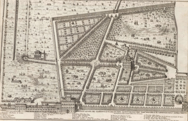 Pianta et alzata del giardino e vigna di Papa Sisto V hoggi dell'emm.mo principe il sig. cardinale Paolo Savelli Peretti, Plan of the garden and vineyard of Pope Sixtus V and the garden of Cardinal Paolo Savelli, Gardens in Rome, Li giardini di Roma con le loro piante alzate e vedute in prospettiva disegnate e intagliate da Gio. Battista Falda, print, album page, Plan of the garden and vineyard of Pope Sixtus V and the garden of Cardinal Paolo Savelli. In the lower margin the title and an explanatory list of numbers. Print is part of an album., number: '111', inscription: 'Ende lib. No. 21. fol. 507. Ende lib. No. 18 folio 26 et 27...', printmaker: Giovanni Battista Falda, Italy, after drawing by Giovanni Battista Falda, after design by Domenico Fontana, publisher: Giovanni Giacomo de' Rossi, Rome, grantor of privilege: Innocent XI, Vatican City, dedicated by: Giovanni Giacomo de' Rossi, dedicated to: Livio Odescalchi, in or before 1683, Giovanni Battista Falda, Domenico Fontana, Giova...