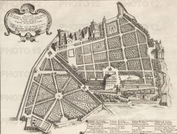 Plan of the garden of Duke Girolamo Mattei, Pianta del giardino dell' ecc.mo sig. duca Mattei alla navicella nel Monte Celio, Gardens in Rome, Li giardini di Roma con le loro piante alzate e vedute in prospettiva disegnate e intagliate da Gio. Battista Falda, print, album page, Plan of the garden of Duke Girolamo Mattei in Rome. Top left a cartouche with title. Bottom right a text box with explanatory list of numbers. Print is part of an album., number: '117', inscription: 'Ende lib. No. 1. folio 45., Ende lib. No. 23. fol. 450...', printmaker: Giovanni Battista Falda, Italy, after drawing by Giovanni Battista Falda, after design by Giacomo del Duca, publisher: Giovanni Giacomo de' Rossi, Rome, grantor of privilege: Innocent 1683, Giovanni Battista Falda, Giacomo del Duca, Giovanni Giacomo de' Rossi, Innocent title print) with views of gardens in Rome., Person, Girolamo Mattei, garden, plan, map of garden, A detailed bird’s-eye engraving of a formal garden with radiating and rectangula...