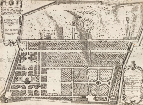 Plan of the garden at the Villa Doria Pamphilj in Rome, Pianta del giardino del Bel Respir, Gardens in Rome, Li giardini di Roma con le loro piante alzate e vedute in prospettiva disegnate e intagliate da Gio. Battista Falda, print, album page, Plan of the garden at the Villa Doria Pamphilj in Rome. Top left a cartouche with title. Bottom right a cartouche with an explanatory list of numbers. Print is part of an album., number: '119', printmaker: Giovanni Battista Falda, Italy, after design by Alessandro Algardi, publisher: Giovanni Giacomo de' Rossi, Rome, grantor of privilege: Innocent XI, Vatican City, dedicated by: Giovanni Giacomo de' Rossi, dedicated to: Livio Odescalchi, in or before 1683, Giovanni Giacomo de' Rossi, Innocent XI, Livio Odescalchi, printmaker, after drawing by, after design by, publisher, grantor of privilege, paper, etching, height 317 mm x width 433 mm, Print is part of a series of 20 prints (title print) with views of gardens in Rome., garden, hotel, ie small ...