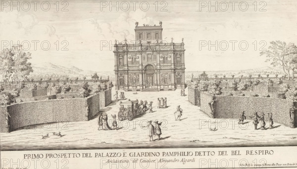 View of the Villa Doria Pamphilj and gardens in Rome, Primo prospetto del Palazzo e Giardino Pamphilio detto del Bel Respiro, Gardens in Rome, Li giardini di Roma con le loro piante alzate e vedute in prospettiva disegnate e intagliate da Gio. Battista Falda, print, album page, View of the Villa Doria Pamphilj and gardens in Rome. The title in the bottom margin. Print is part of an album., number: '120', printmaker: Giovanni Battista Falda, Italy, after design by Alessandro Algardi, publisher: Giovanni Giacomo de' Rossi, Rome, grantor of privilege: Innocent XI, Vatican City, dedicated by: Giovanni Giacomo de' Rossi, dedicated to: Livio Odescalchi, in or before 1683, Giovanni Giacomo de' Rossi, Innocent XI, Livio Odescalchi, printmaker, after drawing by, after design by, publisher, grantor of privilege, paper, etching, height 237 mm x width 411 mm, Print is part of a series of 20 prints (title print) with views of gardens in Rome., garden, hotel, ie small palace in city, plan, map of ga...