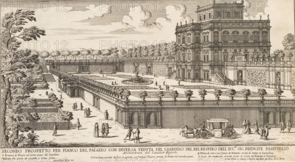 Secondo prospetto per fianco del Palazzo con diversa veduta del Giardino del Bel Respiro dell'ecc.mo sig. prencipe Pamphilio, View of the Villa Doria Pamphilj and gardens in Rome, Gardens in Rome, Li giardini di Roma con le ro piante alzate e vedute in prospettiva disegnate e intagliate da Gio. Battista Falda, print, album page, View of the Villa Doria Pamphilj and gardens in Rome. In the bottom margin the title and an explanatory list of numbers. Print is part of an album., number: '120', printmaker: Giovanni Battista Falda, Italy, after drawing by Giovanni Battista Falda, after design by Alessandro Algardi, publisher: Giovanni Giacomo de' Rossi, Rome, grantor of privilege: Innocent XI, Vatican City, dedicated by: Giovanni Giacomo de' Rossi, dedicated to: Livio Odescalchi, in or before 1683, Giovanni Battista Falda, Alessandro Algardi, Giovanni Giacomo de' Rossi, Livio Odescalchi, printmaker, after drawing by, after design by, publisher, paper, etching, height 236 mm x width 430 mm, P...