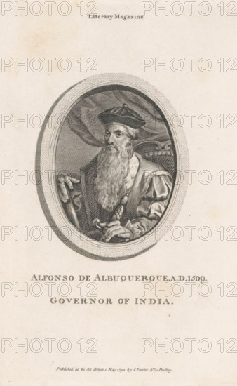 Portrait of Afonso de Albuquerque at the age of 55, print, book illustration, Portrait of Afonso de Albuquerque in an oval frame. In the upper margin a line of English text. In the lower margin his name and his profession., printmaker, publisher, London, paper, engraving, etching, height 175 mm x width 117 mm, An oval engraved portrait of an older man with a long beard and a cap, shown from the waist up inside a decorative frame, wearing a robe with patterned sleeves and holding a cane or staff with one hand while the other rests on a curved object, set against a draped fabric background and surrounded by blank paper.