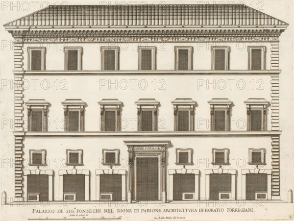 Façade of Palazzo Fonseca, Palazzo de' sig.ri Fonsechi nel' Rione di Parion, Palazzi di Roma dei più celebri architett, Palazzi di Roma, Roman palaces, print, album page, Print is part of an album., number: '100', inscription: '...', printmaker: Giovanni Battista Falda, Italy, after design by Orazio Torriani, Rome, publisher: Giovanni Giacomo de' Rossi, grantor of privilege: Papal Court, Vatican City, dedicated by: Giovanni Giacomo de' Rossi, dedicated to: Antonio Barberini (I), in or after 1655, Giovanni Giacomo de' Rossi, Papal court, Antonio Barberini (I), printmaker, after drawing by, after design by, publisher, grantor of privilege, paper, etching, height 267 mm x width 357 mm, This print is part of the series titled: Palazzi di Roma. This series consists of two books. Book one, titled: Palazzi di Roma dei più celebri architetti..., consists of 44 prints attributed to Giovanni Battista Falda (name appears only on print 27) and published by Giovanni Giacomo de'Rossi. These 44 print...
