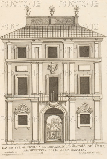 Casino su'l Gianicolo alla Longara di Gio. Giacomo de' Ross, Façade of the casino at Gianicolo alla Lungara, Palazzi di Roma dei più celebri architett, Roman palaces, Palazzi di Roma, print, album page, Print is part of an album., number: '102', printmaker: Giovanni Battista Falda, Italy, after design by Giovanni Maria Baratta, Rome, publisher: Giovanni Giacomo de' Rossi, grantor of privilege: Papal Court, Vatican City, dedicated by: Giovanni Giacomo de' Rossi, dedicated to: Antonio Barberini (I), in or after 1655, Giovanni Giacomo de' Rossi, Papal Court, Antonio Barberini (I), printmaker, after drawing by, after design by, publisher, provider of privilege, paper, etching, height 337 mm x width 244 mm, This print is part of the series titled: Palazzi di Roma. This series consists of two books. Book one, titled: Palazzi di Roma dei più celebri architetti..., consists of 44 prints attributed to Giovanni Battista Falda (name appears only on print 27) and published by Giovanni Giacomo de'R...