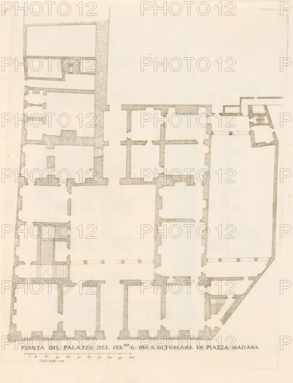 Pianta del palazzo del ser.mo g duca di Toscana in Piazza Madama, Map of Palazzo Madama, Roman palaces, Palazzi di Roma dei più celebri architett, Palazzi di Roma, print, album page, Print is part of an album., number: '12', printmaker: Giovanni Battista Falda, Italy, after drawing by Pietro Ferrerio, publisher: Giovanni Giacomo de' Rossi, Rome, dedicated by: Giovanni Giacomo de' Rossi, dedicated to: Antonio Barberini (I), in or after 1655, Giovanni Giacomo de' Rossi, Antonio Barberini (I), printmaker, after drawing by, publisher, paper, etching, height 334 mm x width 265 mm, This print makes part of the series titled: Palazzi di Roma. This series consists of two books. Book one, titled: Palazzi di Roma dei più celebri architetti..., consists of 44 prints attributed to Giovanni Battista Falda (name appears only on print 27) and published by Giovanni Giacomo de'Rossi. These 44 prints are known in two states (with and without number). Book two, titled: Nuovi disegni dell'architetture... ...