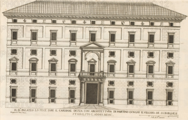 Il do palazzo la fece fare il cardinal Dezz, Façade of Palazzo Borghese, Roman palaces, Palazzi di Roma, Palazzi di Roma dei più celebri architett, print, album page, Print is part of an album., inscription: 'Ende lib. No. 8 fol. 139., End lib. No. 23. fol. 460., End lib. No. 21. fol. 353. 354.', number: '16', printmaker: Giovanni Battista Falda, Italy, after drawing by Pietro Ferrerio, after design by Martino Longhi (I), Rome, publisher: Giovanni Giacomo de' Rossi, dedicated by: Giovanni Giacomo de' Rossi, dedicated to: Antonio Barberini (I), in or after 1655, Giovanni Giacomo de' Rossi, Antonio Barberini (I), printmaker, after drawing by, after design by, publisher, paper, etching, height 240 mm x width 415 mm, This print is part of the series entitled: Palazzi di Roma. This series consists of two books. Book one, titled: Palazzi di Roma dei più celebri architetti..., consists of 44 prints attributed to Giovanni Battista Falda (name appears only on print 27) and published by Giovanni...