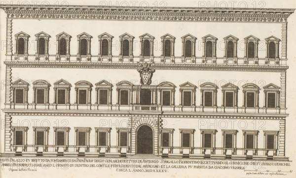 Façade of Palazzo Farnese, Palazzi di Roma, Roman palaces, Palazzi di Roma dei più celebri architett, print, album page, Print is part of an album., print maker: Giovanni Battista Falda, Italy, after drawing by Pietro Ferrerio, after design by Michelangelo, Rome, after design by Antonio da Sangallo (II), publisher: Giovanni Giacomo de' Rossi, dedicated by: Giovanni Giacomo de' Rossi, dedicated to: Antonio Barberini (I), in or after 1655, Giovanni Giacomo de' Rossi, Antonio Barberini (I), printmaker, after drawing by, after design by, publisher, paper, etching, height 238 mm x width 388 mm, This print is part of the series titled: Palazzi di Roma. This series consists of two books. Book one, titled: Palazzi di Roma dei più celebri architetti..., consists of 44 prints attributed to Giovanni Battista Falda (name appears only on print 27) and published by Giovanni Giacomo de'Rossi. These 44 prints are known in two states (with and without number). Book two, titled: Nuovi disegni dell'archi...