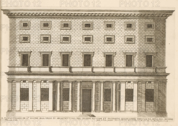 Façade of Palazzo Massimo alle Colonne, Il famoso palagio de SS.mi Massimi alla Valle fu architettura del celebre pittore et ingeniero Baldassare Peruzzi da Siena nel MDXXXII, Palazzi di Roma, Roman palaces, Palazzi di Roma dei più celebri architett, print, album page, Print is part of an album., inscription: 'Ende lib. No. 9. fol. 35, End lib. No. 23. fol. 218...', number: '21', printmaker: Giovanni Battista Falda, Italy, after drawing by Pietro Ferrerio, after design by Baldassare Peruzzi, Rome, publisher: Giovanni Giacomo de' Rossi, dedicated by: Giovanni Giacomo de' Rossi, dedicated to: Antonio Barberini (I), in or after 1655, Giovanni Giacomo de' Rossi, Antonio Barberini (I), printmaker, after drawing by, after design by, publisher, paper, etching, height 252 mm x width 385 mm, This print is part of the series entitled: Palazzi di Roma. This series consists of two books. Book one, titled: Palazzi di Roma dei più celebri architetti..., consists of 44 prints attributed to Giovanni B...