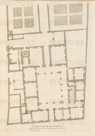 Map of Palazzo Spada, Pianta del palazzo del em.o sig.re card.le Spada, Palazzi di Roma dei più celebri architett, Palazzi di Roma, Roman palaces, print, album page, Print is part of an album., number: '29', printmaker: Giovanni Battista Falda, Italy, after drawing by Pietro Ferrerio, publisher: Giovanni Giacomo de' Rossi, Rome, dedicated by: Giovanni Giacomo de' Rossi, dedicated to: Antonio Barberini (I), in or after 1655, Giovanni Giacomo de' Rossi, Antonio Barberini (I), printmaker, after drawing by, publisher, paper, etching, height 399 mm x width 265 mm, This print is part of the series titled: Palazzi di Roma. This series consists of two books. Book one, titled: Palazzi di Roma dei più celebri architetti..., consists of 44 prints attributed to Giovanni Battista Falda (name appears only on print 27) and published by Giovanni Giacomo de'Rossi. These 44 prints are known in two states (with and without number). Book two, titled: Nuovi disegni dell'architetture... libro secondo, conta...