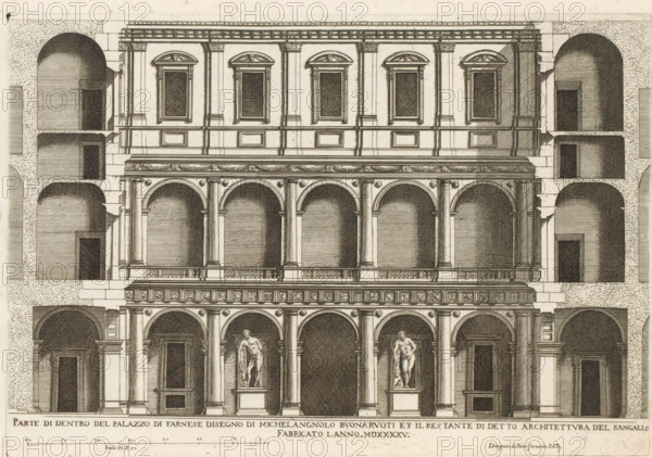 Façade of the courtyard of Palazzo Farnese, Parte di dentro del Palazzo di Farnese disegno di Michelangel, Roman palaces, Palazzi di Roma, Palazzi di Roma dei più celebri architett, print, album page, Print is part of an album., number: '3', inscription: 'Ende lib. No. 22 and fol. 70 ... fol. 106...', printmaker: Giovanni Battista Falda, Italy, after drawing by Pietro Ferrerio, after design by Michelangelo, Rome, after design by Antonio da Sangallo (II), publisher: Giovanni Giacomo de' Rossi, dedicated by: Giovanni Giacomo de' Rossi, dedicated to: Antonio Barberini (I), in or after 1655, Giovanni Giacomo de' Rossi, Antonio Barberini (I), printmaker, after drawing by, after design by, publisher, paper, etching, height 238 mm x width 346 mm, This print is part of the series entitled: Palazzi di Roma. This series consists of two books. Book one, titled: Palazzi di Roma dei più celebri architetti..., consists of 44 prints attributed to Giovanni Battista Falda (name appears only on print 27...