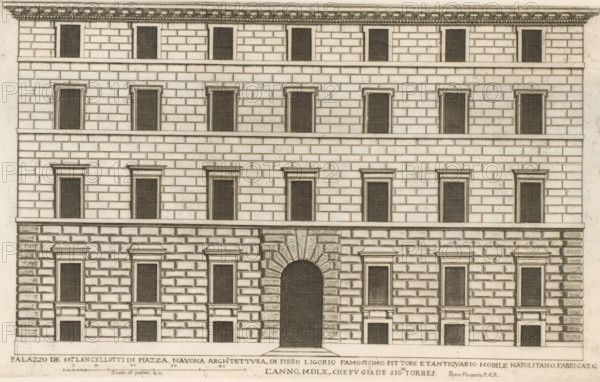 Palazzo de SS.ri Lancelotti in Piazza Navona archtettura di Pirro Ligori, Façade of Palazzo De Torres-Lancellotti, Palazzi di Roma, Palazzi di Roma dei più celebri architett, Roman palaces, print, album page, Print is part of an album., inscription: 'Ende lib. No. 1. fol. 566....lib. No. 8. 52. 110. 111. 112...', number: '37', printmaker: Giovanni Battista Falda, Italy, after drawing by Pietro Ferrerio, after design by Pirro Ligorio, Rome, publisher: Giovanni Giacomo de' Rossi, dedicated by: Giovanni Giacomo de' Rossi, dedicated to: Antonio Barberini (I), in or after 1655, Giovanni Giacomo de' Rossi, Antonio Barberini (I), printmaker, after drawing by, after design by, publisher, paper, etching, height 230 mm x width 374 mm, This print is part of the series entitled: Palazzi di Roma. This series consists of two books. Book one, titled: Palazzi di Roma dei più celebri architetti..., consists of 44 prints attributed to Giovanni Battista Falda (name appears only on print 27) and published...