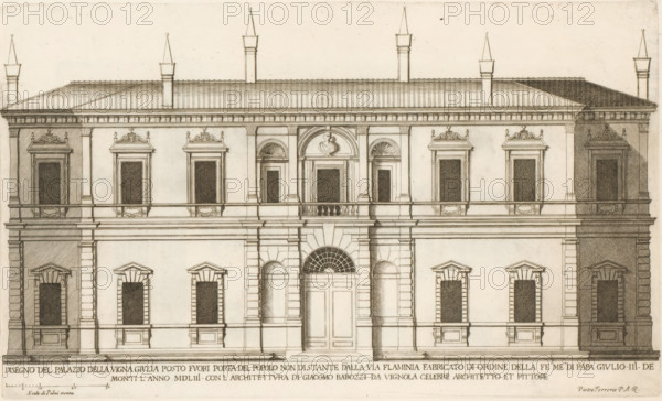 Façade of Villa Giulia, Disegno del palazzo vigna Giulia posto fuori Porta del Popolo non di stante dalla Via Flamini, Palazzi di Roma, Roman palaces, Palazzi di Roma dei più celebri architett, print, album page, Print is part of an album., number: '40', inscription: 'Ende lib. No. 8 fol. 136.', printmaker: Giovanni Battista Falda, Italy, after drawing by Pietro Ferrerio, after design by Giacomo Barozzi Vignola, Rome, publisher: Giovanni Giacomo de' Rossi, dedicated by: Giovanni Giacomo de' Rossi, dedicated to: Antonio Barberini (I), in or after 1655, Giovanni Giacomo de' Rossi, Antonio Barberini (I), printmaker, after drawing by, after design by, publisher, paper, etching, height 251 mm x width 420 mm, This print is part of the series entitled: Palazzi di Roma. This series consists of two books. Book one, titled: Palazzi di Roma dei più celebri architetti..., consists of 44 prints attributed to Giovanni Battista Falda (name appears only on print 27) and published by Giovanni Giacomo d...