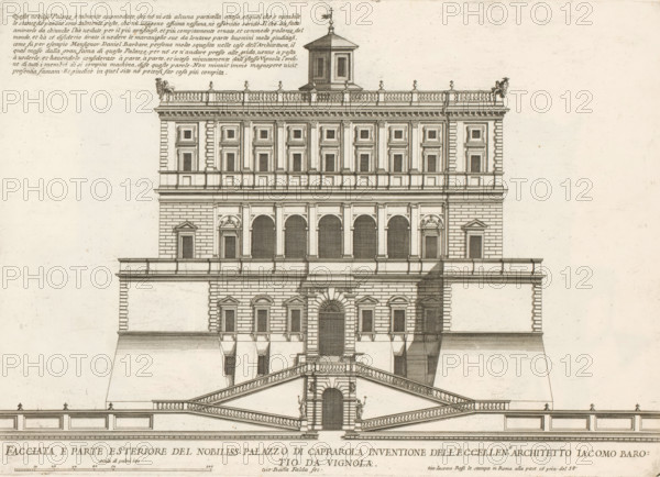 Façade of Villa Farnese in Caprarola, Facciata, parte esteriore del nobilliss. Palazzo di Caprarol, Palazzi di Roma dei più celebri architett, Palazzi di Roma, Roman palaces, print, album page, Print is part of an album., number: '42', inscription: 'Ende lib. No. 21. fol. 526., Ende liber No. 10 folio 22., Ende lib. No. 1. fol. 128. 129.', printmaker: Giovanni Battista Falda, Italy, after design by Giacomo Barozzi Vignola, Rome, publisher: Giovanni Giacomo de' Rossi, grantor of privilege: Papal Court, Vatican City, dedicated by: Giovanni Giacomo de' Rossi, dedicated to: Antonio Barberini (I), in or after 1655, Giovanni Giacomo de' Rossi, Papal court, Antonio Barberini (I), printmaker, after design by, publisher, grantor of privilege, paper, etching, height 286 mm x width 402 mm, This print is part of the series entitled: Palazzi di Roma. This series consists of two books. Book one, titled: Palazzi di Roma dei più celebri architetti..., consists of 44 prints attributed to Giovanni Batti...