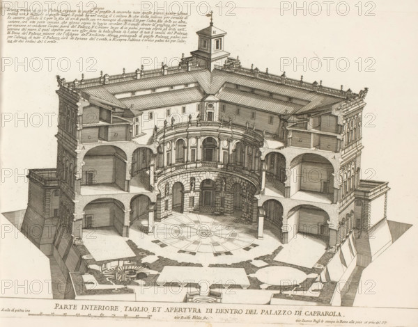 Interior section, page, and aperture inside the Palazzo di Caprarola, Courtyard of Villa Farnese in Caprarola, Palaces of Rome, Roman palaces, Palaces of Rome of the most celebrated architects, print, album page, A vertical section of Villa Farnese in Caprarola. View of the courtyard of the villa. Caption in Italian top left. Print is part of an album., number: '43', printmaker: Giovanni Battista Falda, Italy, after design by Giacomo Barozzi Vignola, Rome, publisher: Giovanni Giacomo de' Rossi, grantor of privilege: Papal Court, Vatican City, dedicated by: Giovanni Giacomo de' Rossi, dedicated to: Antonio Barberini (I), in or after 1655, Giovanni Giacomo de' Rossi, Papal Court, Antonio Barberini (I), printmaker, after design by, publisher, grantor of privilege, paper, etching, height 309 mm x width 425 mm, This print is part of the series titled: Palazzi di Roma. This series consists of two books. Book one, titled: Palazzi di Roma dei più celebri architetti..., consists of 44 prints at...