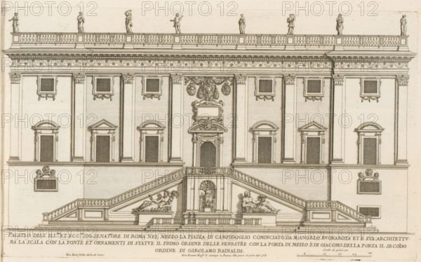 Façade of Palazzo Senatorio, Palazzo dell' ill.mo et ecc.mo sig. senatore di Rome nel mezzo la Piazza di Campidogli, Palazzi di Roma, Roman palaces, Palazzi di Roma dei più celebri architett, print, album page, Print is part of an album., inscription: 'Ende lib. No. 23. fol. 703. 464. 465. 706., Ende lib. No. 21. fol. 402. 403. 404., Ende lib. No. 1. fol. 71...', number: '49', printmaker: Giovanni Battista Falda, Italy, after drawing by Giovanni Battista Falda, after design by Giacomo della Porta, Rome, after design by Girolamo Rainaldi, publisher: Giovanni Giacomo de' Rossi, grantor of privilege: Papal Court, Vatican City, dedicated by: Giovanni Giacomo de' Rossi, dedicated to: Antonio Barberini (I), in or after 1655, Giovanni Battista Falda, Giacomo della Porta, Girolamo Rainaldi, Giovanni Giacomo de' Rossi, Antonio Barberini (I), printmaker, after drawing by, after design by, publisher, paper, etching, height 250 mm x width 420 mm, This print is part of the series entitled: Palazzi ...