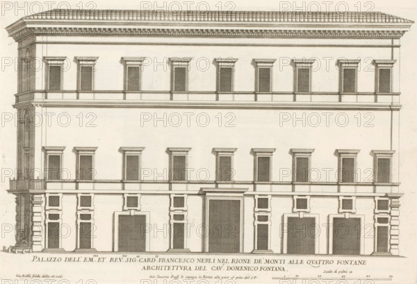Façade of the palace of Cardinal Francesco Nerli, Palazzo dell' em.mo et rev.mo sig.re card.le Francesco Nerli nel rione de'Monti alle Quattro Fontan, Palazzi di Roma, Palazzi di Roma dei più celebri architett, Roman palaces, print, album page, Print is part of an album., number: '51', inscription: 'Ende lib. No. 1. fol. 3. ...No. 420, 420.', printmaker: Giovanni Battista Falda, Italy, after design by Domenico Fontana, Rome, publisher: Giovanni Giacomo de' Rossi, grantor of privilege: Papal Court, Vatican City, dedicated by: Giovanni Giacomo de' Rossi, dedicated to: Antonio Barberini (I), in or after 1655, Giovanni Giacomo de' Rossi, Papal court, Antonio Barberini (I), printmaker, after drawing by, after design by, publisher, grantor of privilege, paper, etching, height 271 mm x width 414 mm, This print is part of the series entitled: Palazzi di Roma. This series consists of two books. Book one, titled: Palazzi di Roma dei più celebri architetti..., consists of 44 prints attributed to ...