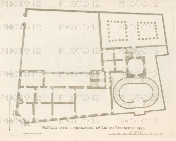 Pianta di tutto il palazzo dell' em.mo sig.re card.le Francesco Nerli, Plan of the palace of Cardinal Francesco Nerli, Roman palaces, Palazzi di Roma, Palazzi di Roma dei più celebri architett, print, album page, Print is part of an album., number: '53', printmaker: Giovanni Battista Falda, Italy, after drawing by Giovanni Battista Falda, after design by Domenico Fontana, Rome, publisher: Giovanni Giacomo de' Rossi, grantor of privilege: Papal Court, Vatican City, dedicated by: Giovanni Giacomo de' Rossi, dedicated to: Antonio Barberini (I), in or after 1655, Giovanni Battista Falda, Domenico Fontana, Giovanni Giacomo de' Rossi, Antonio Barberini (I), printmaker, after drawing by, after design by, publisher, paper, etching, height 301 mm x width 406 mm, This print is part of the series titled: Palazzi di Roma. This series consists of two books. Book one, titled: Palazzi di Roma dei più celebri architetti..., consists of 44 prints attributed to Giovanni Battista Falda (name appears only...