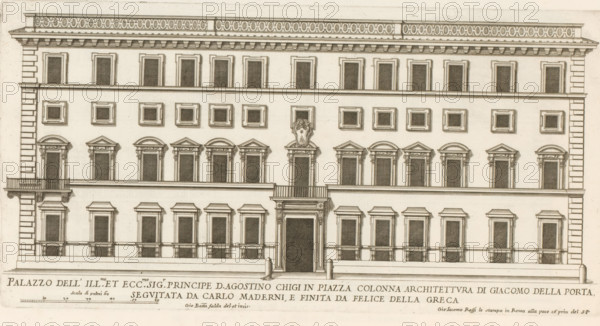 Palazzo dell' ill.mo et ecc.mo sig.r principle D. Agostino Chigi in Piazza Colonn, Façade of the palace of Cardinal Agostino Chigi, Palazzi di Roma dei più celebri architett, Palazzi di Roma, Roman palaces, print, album page, Print makes part of an album., inscription: 'Ende lib. No. 21. fol. 359., End lib. No. 8 fol. 12. 41', number: '55', printmaker: Giovanni Battista Falda, Italy, after drawing by Giovanni Battista Falda, after design by Giacomo della Porta, Rome, after design by Carlo Maderno, after design by Felice della Greca, publisher: Giovanni Giacomo de' Rossi, grantor of privilege: Papal Court, Vatican City, commissioned by: Giovanni Giacomo de' Rossi, dedicated to: Antonio Barberini (I), in or after 1655, Giovanni Battista Falda, Giacomo della Porta, Carlo Maderno, Felice della Greca, Giovanni Giacomo de' Rossi, Antonio Barberini (I), printmaker, after drawing by, after design by, publisher, paper, etching, height 201 mm x width 397 mm, This print is part of the series enti...